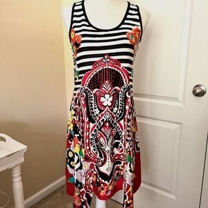 Red Flora Dress on Black and Beige Stripe Size M